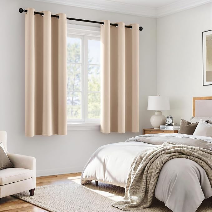 MIULEE Beige 100% Blackout Curtains for Bedroom 40x45 Inch Length 2 Panels | 2 Thick Layers Thermal Insulated Short Curtains with Black Liner, Noise Reducing Grommet, Drapes for Living Room