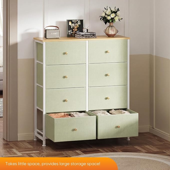 Sweetcrispy 8 Drawer Fabric Dresser, Tall Storage Tower for Bedroom | Spacious Clothes Storage, Anti-Tip Design, Easy-Pull Fabric Bins, Ideal for Bedroom, Closet, Living Room, Light Green