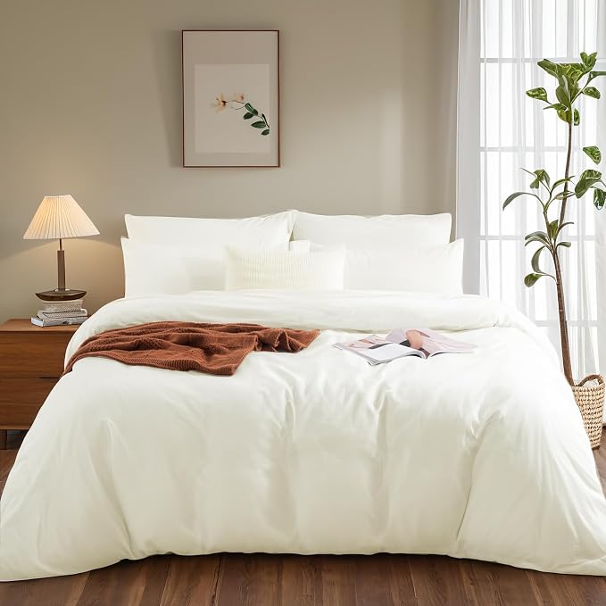 NEXHOME PRO Twin Duvet Cover Set, 100% Washed Cotton with Linen-Like Texture, Natural Organic, Breathable & Comfortable, Includes Home Bedding Set Milk White (No Comforter) 6890