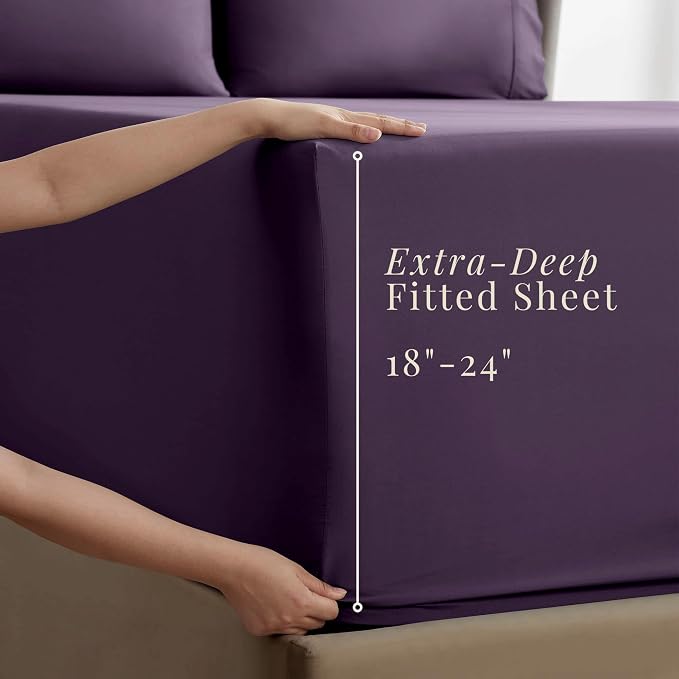 Hearth & Harbor Extra Deep Pocket Sheets - Fits Mattress 18-24 Inches Deep - Extra Deep Pocket Split King Size Sets - 7 Piece Split King Size - Eggplant