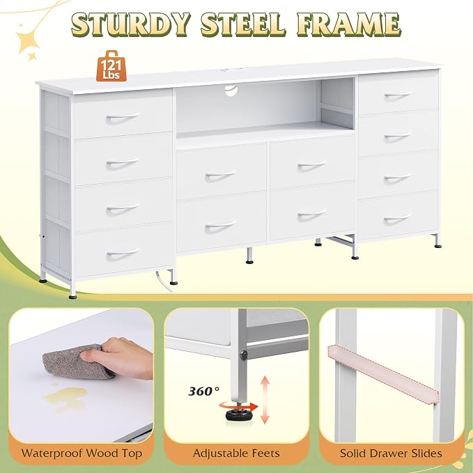 WLIVE LED Dresser TV Stand for 75 Inch TV, 12 Drawers, White | Fits TVs up to 75 inch, 12 fabric drawers, LED chest of drawers, Built-in power outlet, Living room or bedroom