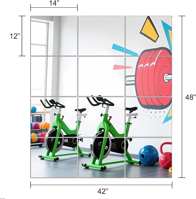 Home Gym Mirror Tiles, 14" x 12" x 12PCS Wall Mirror Tiles Frameless Glass | Workout Mirror Tiles for Garage, Bedroom, Living Room, Over The Door, Frameless Mirror Sets