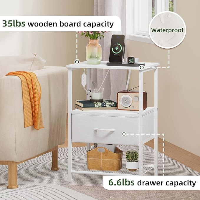 Somdot Nightstand with Charging Station & LED Light, Bedroom Bedside Table | Dorm, Guest Room, Kids Room, Laundry, Closet, Entryway and Hallway, White