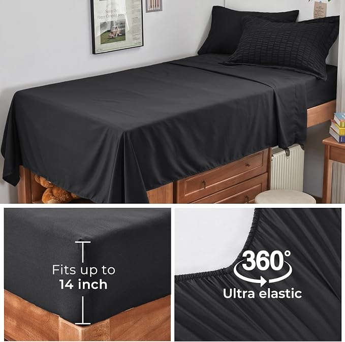 HYMOKEGE Black Twin XL Comforter Set Seersucker 5 Pieces, All Season Luxury Bed in a Bag for Bedroom, Bedding Set with Comforters, Sheets, Pillowcase & Sham