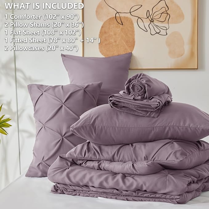 HIMEET King Size Comforter Set Dusty Purple - 7 Pieces Pintuck Bed in a Bag | OEKO-TEX Certified, 240GSM Down Alternative Comforter, 14" Deep Pocket Fitted Sheet + Flat Sheet + 2 Pillowcases + 2 Shams
