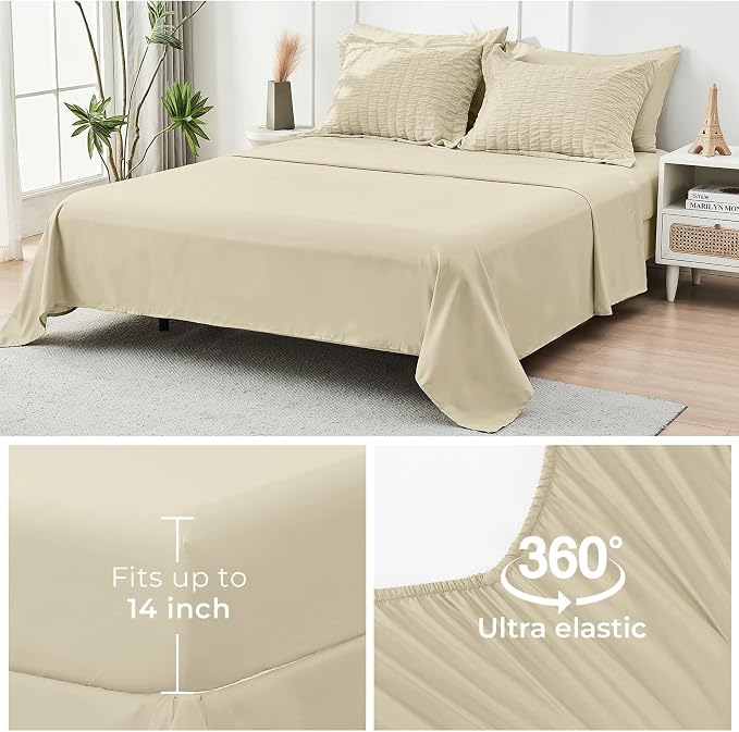 HYMOKEGE Oatmeal California King Comforter Set Seersucker 7 Pieces, All Season Luxury Bed in a Bag for Bedroom, Bedding Set with Comforter, Sheets, Pillowcases & Shams