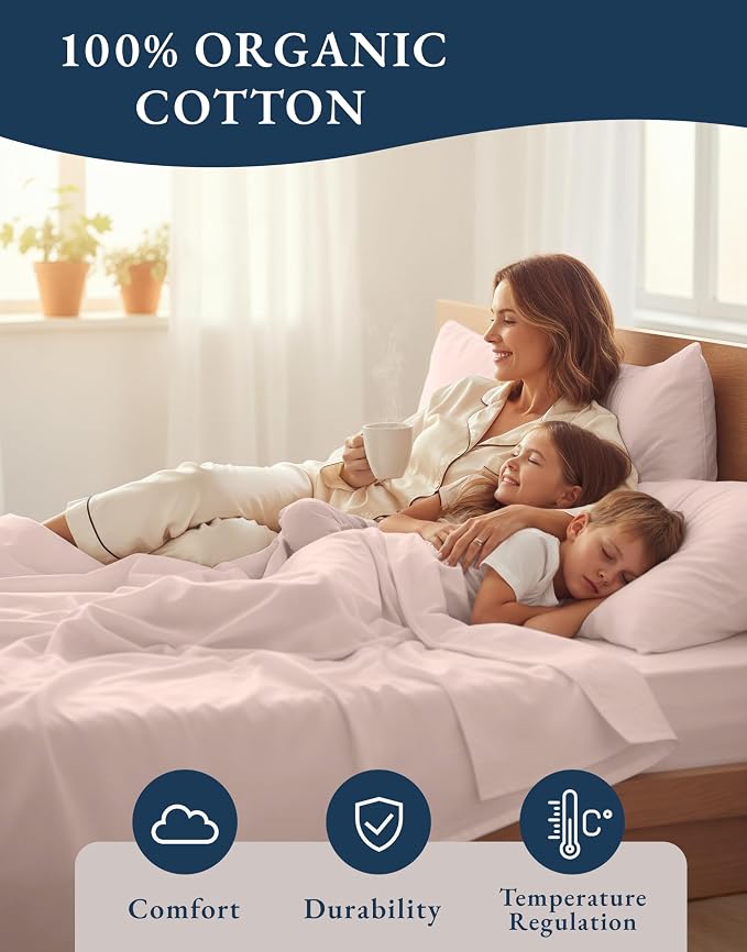 LANE LINEN Full Size Sheet Set 100% Organic Cotton Percale 4pc - Sepia Rose | Full Sheet Set, GOTS Certified Organic Cotton Percale - For Guest Bedrooms, Naturally Cooling & Lightweight, For Hot Sleepers