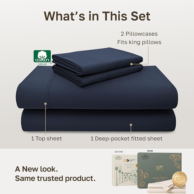 California Design Den Luxury 600 Thread Count King Bed Sheet Set | 100% Cotton Sateen Backed by Good Housekeeping Seal, Soft & Smooth, 16" Deep Pocket, Durable, Easy Care - Midnight Blue