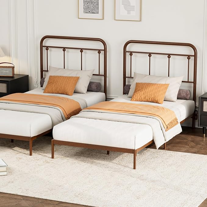 Victorian Metal Twin/Twin XL Headboard, Adjustable Height, Brown | Sturdy Steel Twin Size Head Board Only, Bed Frame Brackets Adapter, Farmhouse Vintage Style, Easy Assembly