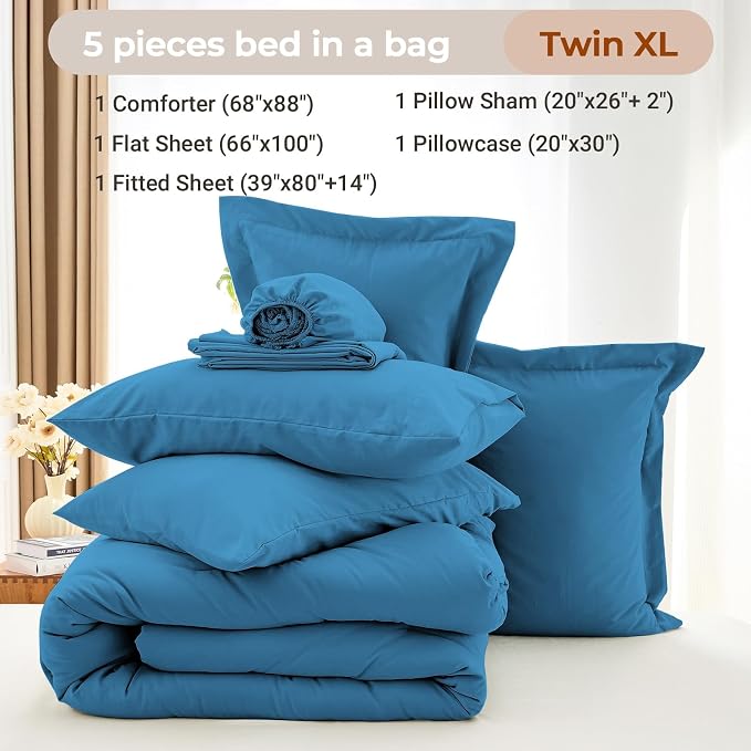 5 Pieces Twin XL Comforter Set, Soft Bed in a Bag Twin XL Size, All Season Bedding Set with Comforter, Flat Sheet, Fitted Sheet, Pillowcases & Shams, Bluish Green