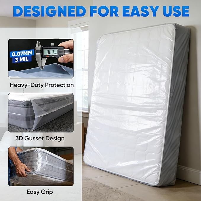 TICONN 1PK Plastic Mattress Bags for Moving, Waterproof Mattress Cover | 3D Gusset Design, Tear Resistant & Dust Protection, Multiple Sizes /Thickness Options, Reusable Mattress Protector
