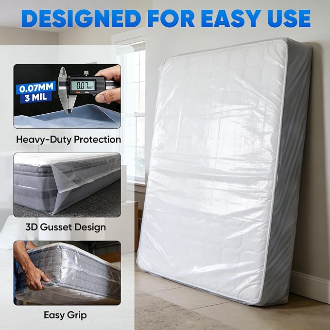 TICONN 1PK Plastic Mattress Bags for Moving, Waterproof Mattress Cover | 3D Gusset Design, Tear Resistant & Dust Protection, Multiple Sizes /Thickness Options, Reusable Mattress Protector