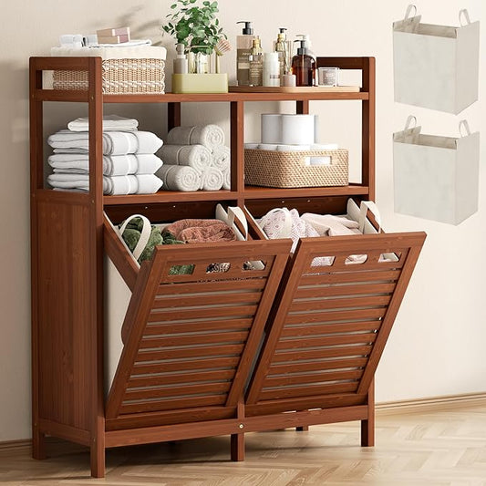 Homykic Tilt Out Laundry Hamper Cabinet, Bamboo Laundry Organizer, Walnut | 20 Gal Laundry Sorter with 2 Removable Liner Bags, Hidden Clothes Hamper with Shelf for Laundry Room, Bathroom, Closet