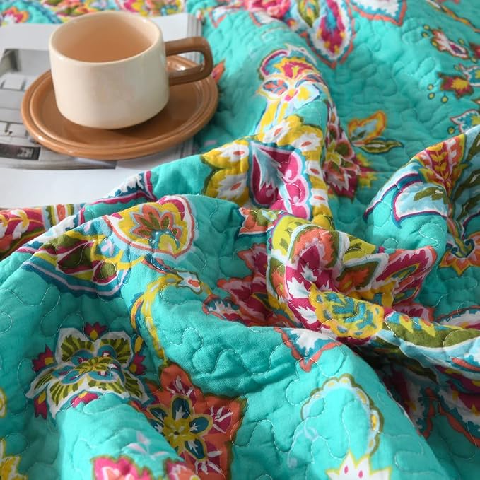 Wistown Cotton Bedspread Bedding Coverlet Quilt Sets, Reversible Vintage Branch Floral Bedspread comforters, (Vintage Turquoise Paisley Floral Pattern, King Size)