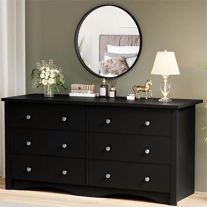 YESHOMY Black Dresser for Bedroom with 6 Drawer, 47.2" Organizer Drawers | Space Saving, Modern Design, Anti-Tip, TV Stand for Living Room, Hallway