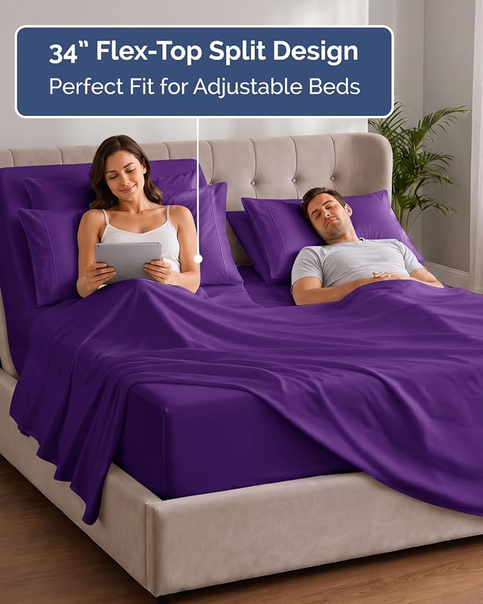 CGK Unlimited Extra Deep Flex Top Split Head King Sheet Set - 6 Piece Breathable and Cooling Sheets - Hotel Luxury Bedding for Women, Men, Kids & Teens - Easy Secure Fit - Extra Deep Pockets - Purple