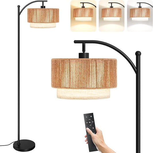 SUNMORY Arc Floor Lamps for Living Room with 12W Remote and Dimmable Bulb | Farmhouse Floor Lamps with Adjustable Rattan & Fabric Shades, LED Lamp, Boho Standing Lamp for Bedroom, Corner, Home Decor