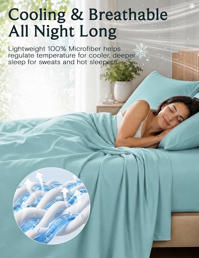LuxClub King Size Sheets Set, Deep Pocket King Sheets Bed Sheets 4PC, Cooling Sheets King Sized Breathable, Soft Hotel Luxury Bedding Wrinkle Free, Silky Fitted Sheet & Pillowcase Sets, Aqua King | LuxClub Silky Fitted Sheet & Pillowcase Sets, Breathab...