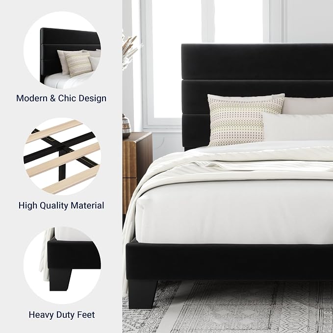 Allewie King Size Platform Bed Frame with Velvet Upholstered Headboard | Wooden Slats Support, Fully Upholstered Mattress Foundation, No Box Spring Needed, Easy Assembly, Noise-Free, Black