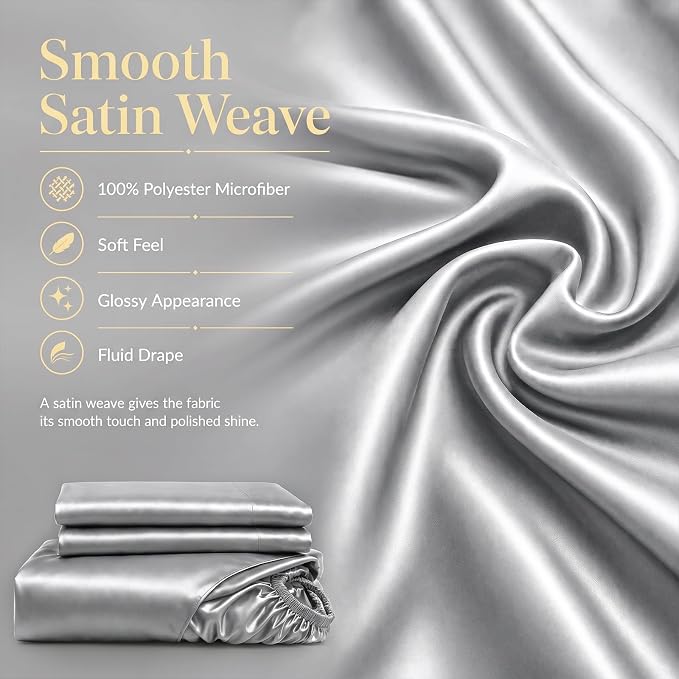 CozyLux Satin Sheets Queen, 6-Piece 14-Inch Deep Pocket Sheet Set | OEKO-TEX Certified Silky Soft Sheet Set for Hair & Skin, Luxurious Silky-Smooth Satin for Elegant Bedroom Decor, Light Grey