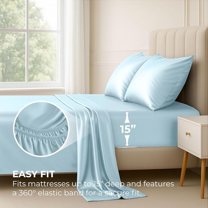 Satin Sheets King [4-Piece, Skyblue] Hotel Luxury Silky Bed Sheets - Extra Soft 1800 Microfiber Sheet Set, Wrinkle, Fade, Stain Resistant - Deep Pocket Fitted Sheet, Flat Sheet, Pillow Cases