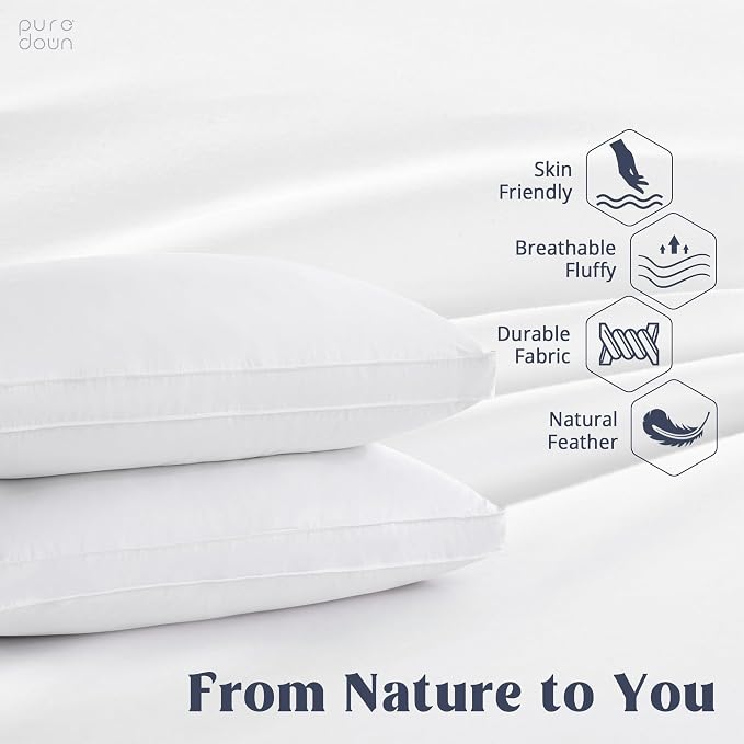 puredown® Goose Down Feather Pillows with 100% Cotton Cover, Soft Gusseted Bed Hotel Collection Pillows for Sleeping, Set of 2, Queen Size