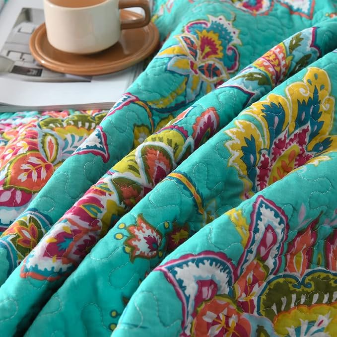 Wistown Cotton Bedspread Bedding Coverlet Quilt Sets, Reversible Vintage Branch Floral Bedspread comforters, (Vintage Turquoise Paisley Floral Pattern, King Size)