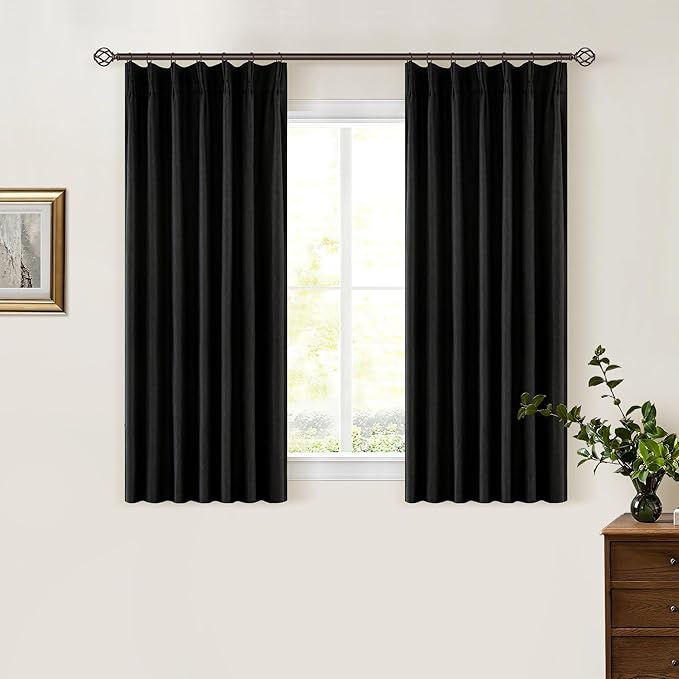 Black Pinch Pleated Black Out Linen 45 Inch Curtains with Liner 2 Panels | 100% Blackout, Memory Trained Pinch Pleat, Thermal Insulated, Noise Reduce, Short Curtains 2 Layers for Kitchen Small Window