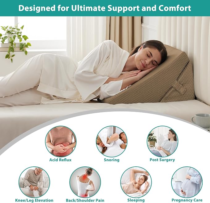 Wedge Pillow for Sleeping, Adjustable 9&12 Inch Foldable Bed Wedge Pillow Set, Orthopedic Memory Foam Triangle Pillows Wedge, 7-in-1 Elevated Pillows for Leg and Back Support, Brown