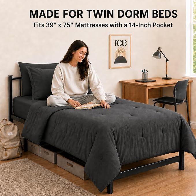 HIMEET Twin Comforter Sets, 5-Piece Point-Quilted Bed in a Bag, Dark Grey | OEKO-TEX Certified, Lightweight 240 GSM Comforter, Flat Sheet, 14-Inch Deep-Pocket Fitted Sheet, Pillowcase & Sham