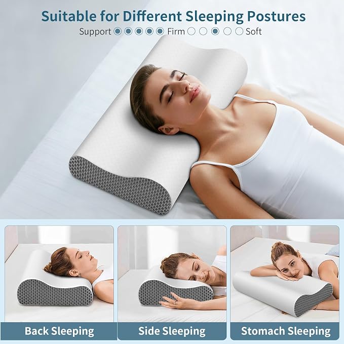 Cervical Neck Pillow for Pain Relief, Contour Memory Foam Pillows Ergonomic Pillow for Sleeping Bed Pillow Neck Support with Cooling Pillowcase Orthopedic Pillow for Side Back Sleepers(Light Grey)