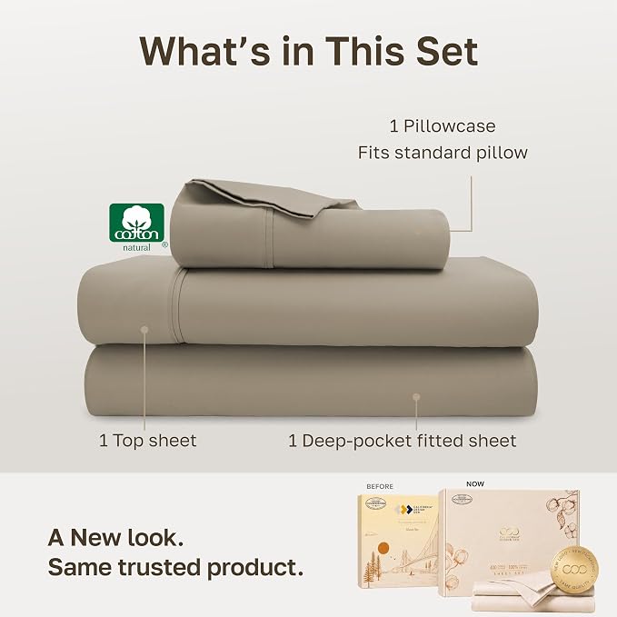 California Design Den Soft 100% Cotton Sateen Twin Sheets, 3 Pcs Set, Taupe | 400 Thread Count Backed by Good Housekeeping Seal, All-Around Elastic, Durable, Easy Care, OEKO-TEX certified