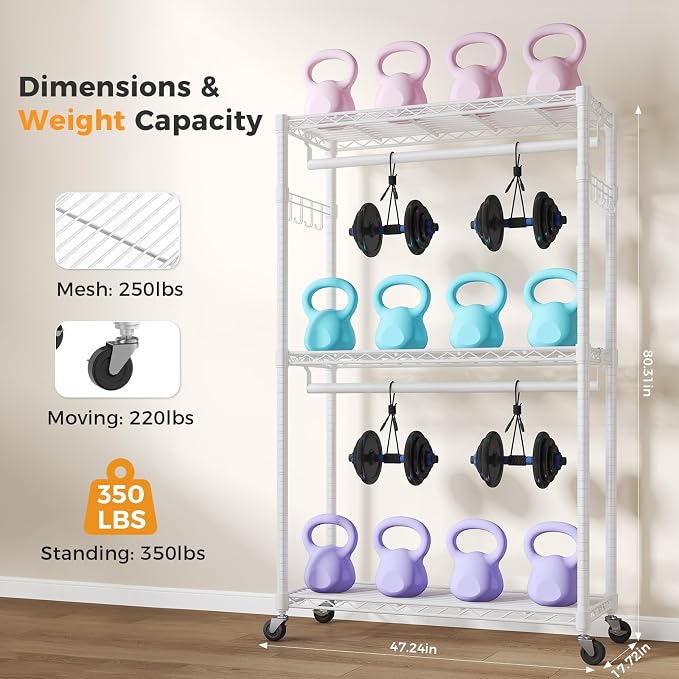 OLIXIS Clothes Rack Heavy Duty Adjustable Garment Clothing Rack with Wheels, Rolling Metal Freestanding Closet Organizer for Hanging Clothes with 2 Side Hooks, Double Rods, 47"x17"x80", White
