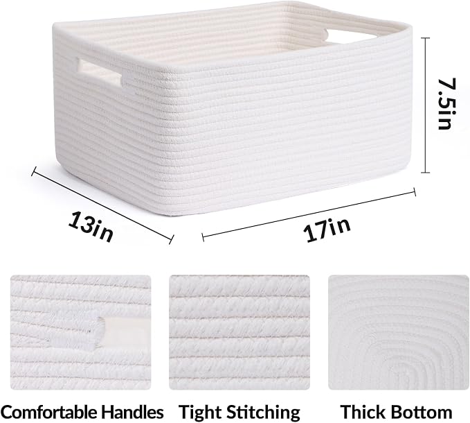 MiniArk Large Storage Baskets for Shelves, 17 x 13 x 7.5” Closet Organizers Bins for Clothes Blanket Towels, Baby Nursery, Toy Baskets Box, Woven Rope Baskets, 2 Packs Off White