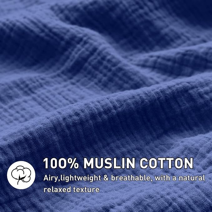 EMME Muslin Cotton Duvet Cover Set Navy Twin Size Linen Like Soft Breathable Lightweight Summer Comforter Cover Set with Zipper Closure (Navy, Twin, 68"x90")