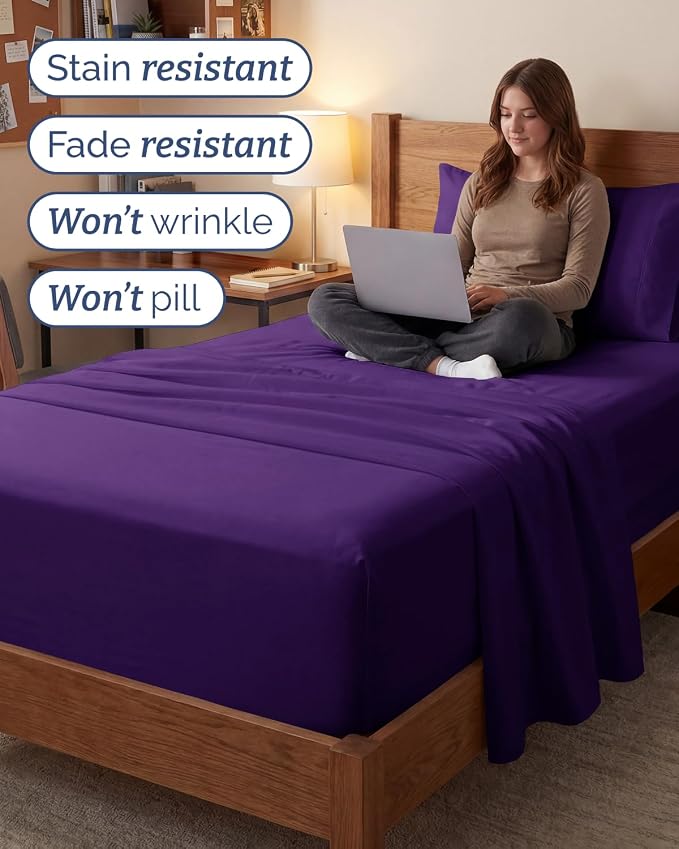 Extra Deep Twin XL Sheet Set - 3 Piece College Dorm Room - Purple | Soft, Breathable & Cooling, Easily Fits 18 to 24 inch Mattress, Wrinkle Free & Fade Resistant with Extra Deep Pockets