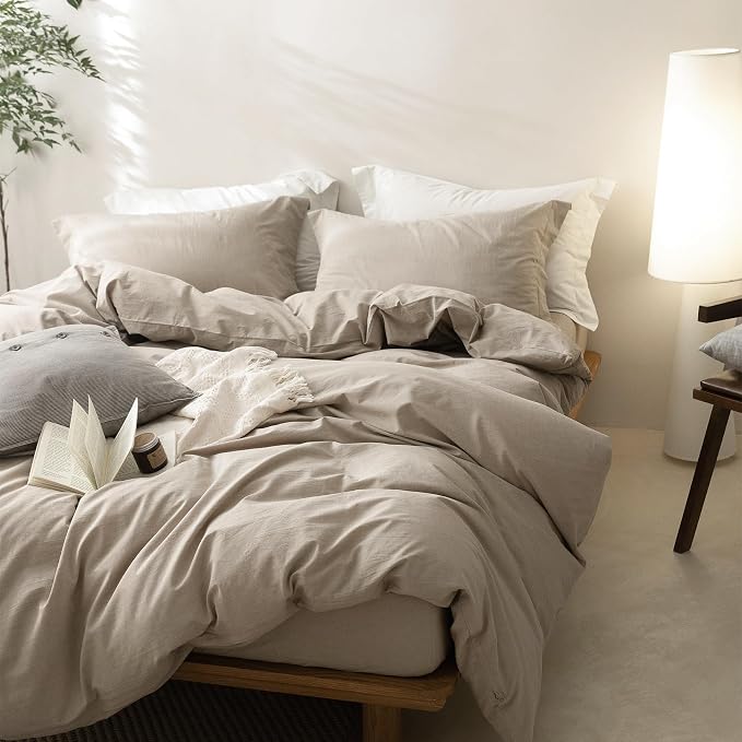 BDEAR 3Pcs Linen Grey Duvet Cover California King Size 104" W x 98" L | 100% Washed Cotton, 1 Duvet Cover with 2 Pillowcases, Zipper Closure, OEKO TEX Standard,8 Corner Ties,Linen-Liked Texture