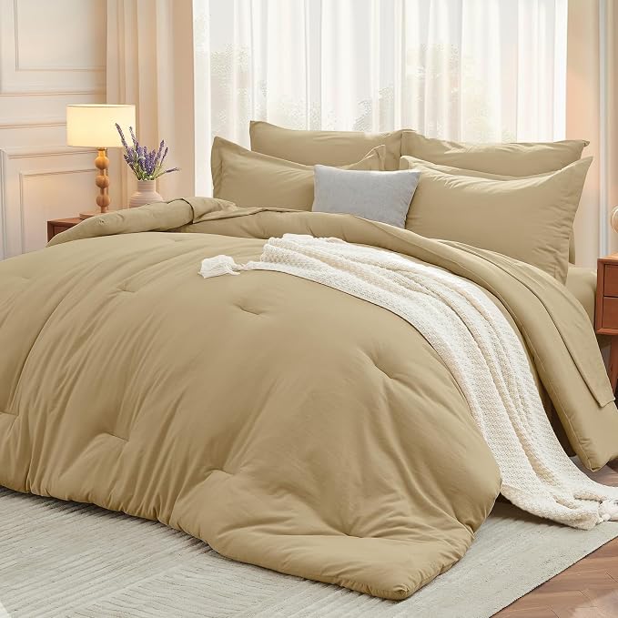 7 Pieces King Comforter Set, Soft Bed in a Bag King Size, All Season Bedding Set with Comforter, Flat Sheet, Fitted Sheet, Pillowcases & Shams, Khaki