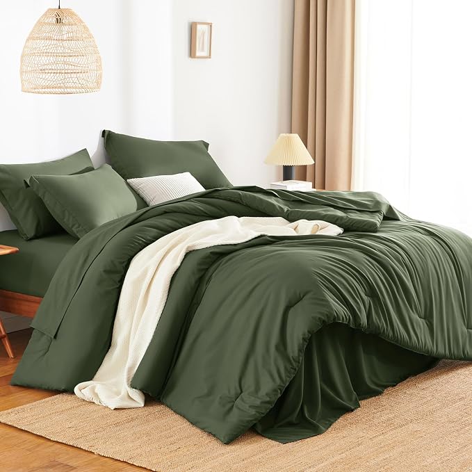 HIMEET King Comforter Set, 7-Piece Point-Quilted Bed in a Bag, Olive Green | OEKO-TEX Certified, Lightweight 240 GSM Comforter, Flat Sheet, 14-Inch Deep-Pocket Fitted Sheet, Pillowcases & Shams