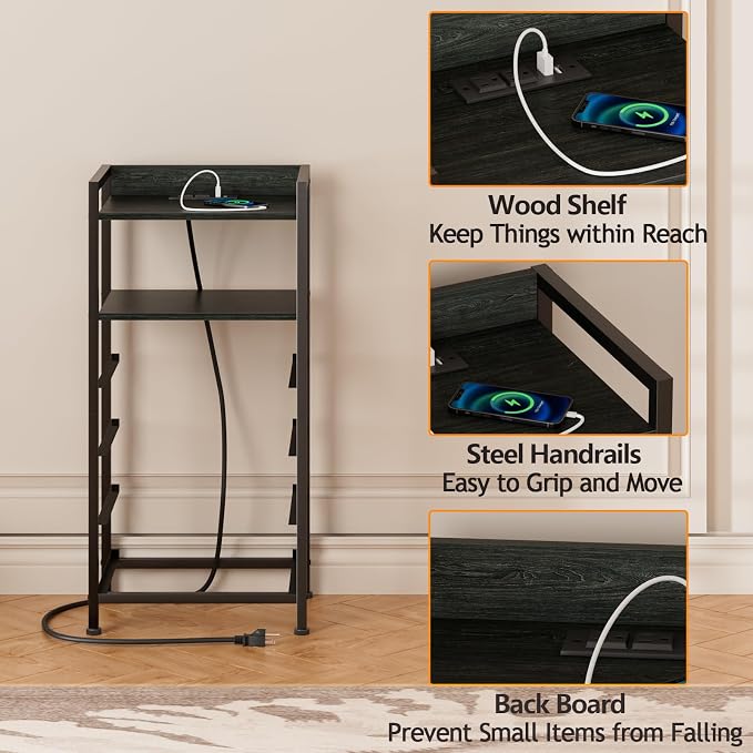 Furnulem Night Stand with Charging Station,LED,Tall Bedside Table for Dorm | 4 Drawer Dresser for bedroom, with LED light & Remote Control, Fabric Bins and Metal Frame,Wood Desk Top,Easy Assemble,Black