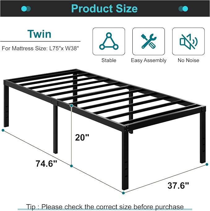 Maenizi Twin Bed Frames, 20 Inch Heavy Duty Metal Bed Frame Twin | Support Up to 2500 lbs No Box Spring Needed Easy Assembly, Noise Free, Black