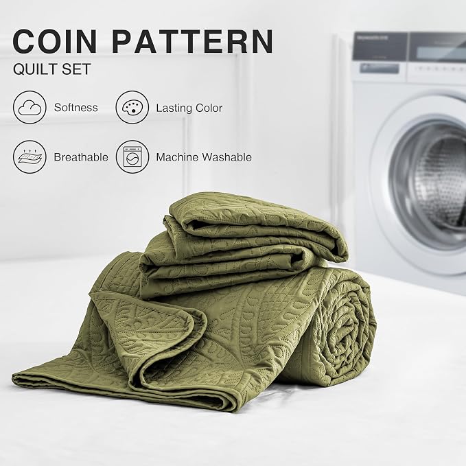 Love's cabin Oversized King Size Quilt Bedding Set Green Bedspreads - Oversized King Lightweight Bedspread Comforter - Coin Pattern Coverlet for All Season - 3 Pieces (1 Quilt, 2 Pillow Shams)