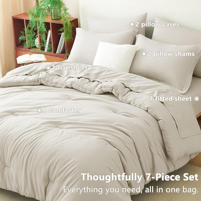 California King Comforter Set Beige, 7 Pieces Bed in a Bag | OEKO-TEX Certified, All-Season, Bedroom, 240GSM Down Alternative Comforter, Flat & Fitted Sheets, 2 Pillowcases & 2 Shams