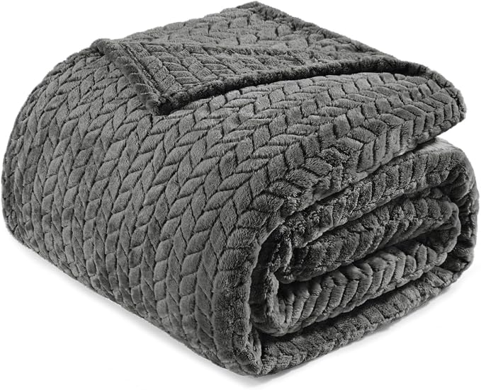 Exclusivo Mezcla Soft Fleece Bed Blanket Queen Size, 90”x66”, Dark Grey | Cozy Fluffy Lightweight Blankets for Summer, Decorative Plush Flannel Throws for Living Room, Bedroom with Leaves Pattern