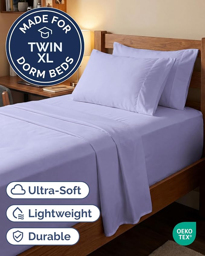 Extra Deep Twin XL Sheet Set - 4 Piece College Dorm Room - Lavender | College Dorm Room Essentials, Easy & Secure Fit, Ultra-Soft, Wrinkle & Fade Free, Comfy Sheets Set with Extra Deep Pockets