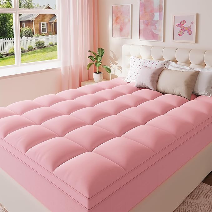 ELEMUSE Queen Pink Mattress Topper, Thick Pillow Top Mattress Pad | Plush comfort from overfilled down alternative fill. Deep pocket fits queen mattresses for couples, bedrooms and guest rooms