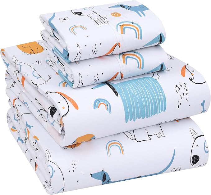 RUVANTI 100% Cotton Percale Sheets Queen Size, Puppy Me | Crisp Cooling, Deep Pocket 16", Soft Breathable & Durable, Hotel-Style, 4 Piece Set