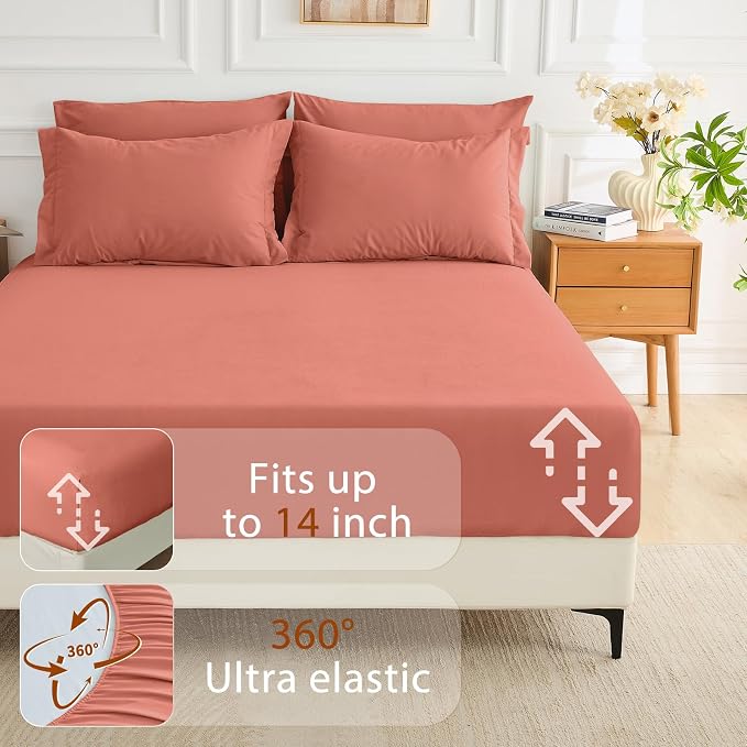 7 Pieces Full Comforter Set, Soft Bed in a Bag Full Size, All Season Bedding Set with Comforter, Flat Sheet, Fitted Sheet, Pillowcases & Shams, Coral Red