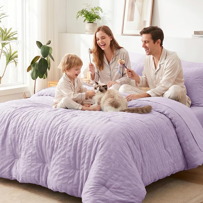King Comforter Set, 7 Pieces Light Purple Seersucker Bed in a Bag | OEKO-TEX Certified, All Season Bedding Set with 240 GSM Down Alternative Comforter, Flat & Fitted Sheets, Pillowcases & Shams