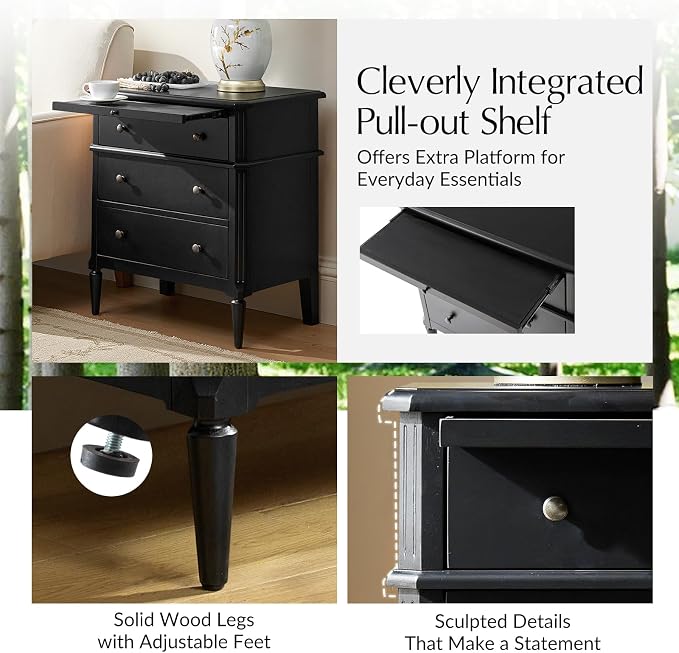 HULALA HOME 30 Inches Side Table with Charging Station, Black | Spindle Legs, Hidden Drawer, Pull-Out Tray, Built-In Outlet, Chamfered Edges, Adjustable Feet, Transitional Style